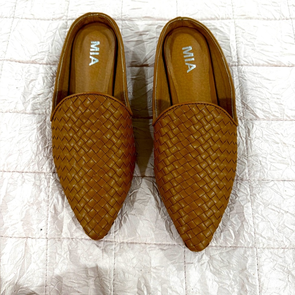 MIA Tan Woven Pointed Toe Mules - Size 8